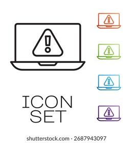 Black line Laptop with exclamation mark icon isolated on white background. Alert message smartphone notification. Set icons colorful. Vector