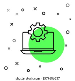 Black line Laptop and gear icon isolated on white background. Laptop service concept. Adjusting app, setting options, maintenance, repair, fixing.  Vector Illustration