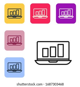 Portátil de línea negra con icono de gráfico gráfico aislado en fondo blanco. Icono de archivo de texto de informe. Signo contable. Auditoría, análisis, planificación. Establecer iconos en botones cuadrados de color. Ilustración vectorial