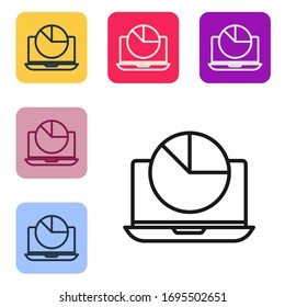 Portátil de línea negra con icono de gráfico gráfico aislado en fondo blanco. Icono de archivo de texto de informe. Signo contable. Auditoría, análisis, planificación. Establecer iconos en botones cuadrados de color. Ilustración vectorial