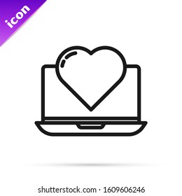 Black line Laptop with heart icon isolated on white background. Valentines day.  Vector Illustration