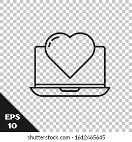 Black line Laptop with heart icon isolated on transparent background. Valentines day.  Vector Illustration