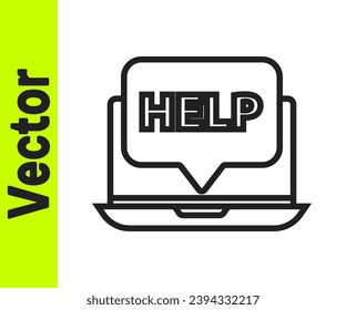 Portátil de línea negra e icono de ayuda aislado en fondo blanco. Ajuste, servicio, configuración, mantenimiento, reparación, arreglo.  Ilustración vectorial