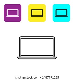 Black line Laptop icon isolated on white background. Computer notebook with empty screen sign. Set icons colorful square buttons. Vector Illustration