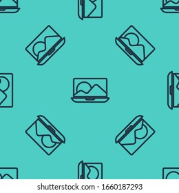 Black line Laptop icon isolated seamless pattern on green background. Computer notebook with empty screen sign.  Vector Illustration
