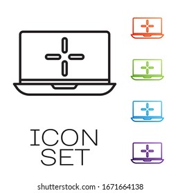 Black line Laptop icon isolated on white background. Computer notebook with empty screen sign. Set icons colorful. Vector Illustration