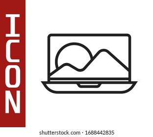 Black line Laptop icon isolated on white background. Computer notebook with empty screen sign.  Vector Illustration