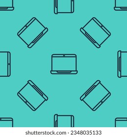 Black line Laptop icon isolated seamless pattern on green background. Computer notebook with empty screen sign.  Vector Illustration