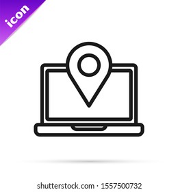 Black line Laptop with location marker icon isolated on white background.  Vector Illustration