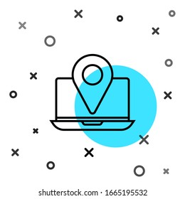 Black line Laptop with location marker icon isolated on white background. Random dynamic shapes. Vector Illustration