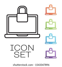 Black line Laptop and lock icon isolated on white background. Computer and padlock. Security, safety, protection concept. Safe internetwork. Set icons colorful. Vector Illustration