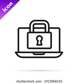 Black line Laptop and lock icon isolated on white background. Computer and padlock. Security, safety, protection concept. Safe internetwork.  Vector