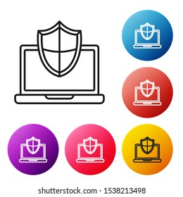 Black line Laptop protected with shield icon isolated on white background. PC security, firewall technology, privacy safety. Set icons colorful circle buttons. Vector Illustration
