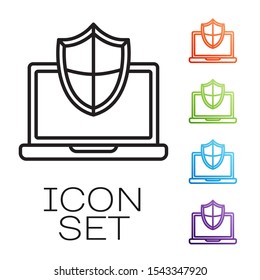 Black line Laptop protected with shield icon isolated on white background. PC security, firewall technology, privacy safety. Set icons colorful. Vector Illustration