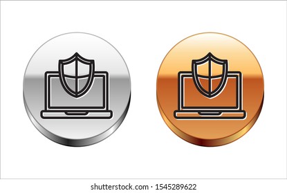 Black line Laptop protected with shield icon isolated on white background. PC security, firewall technology, privacy safety. Silver-gold circle button. Vector Illustration