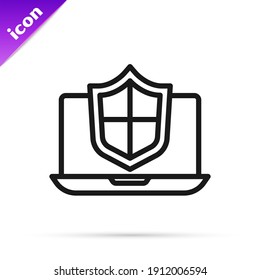 Portátil de línea negra protegido con icono de escudo aislado en fondo blanco. Seguridad de PC, tecnología de firewall, seguridad de privacidad.  Vector
