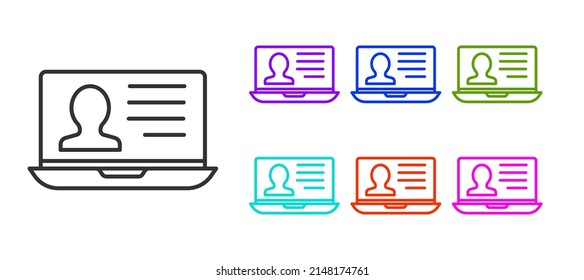 Black line Laptop with resume icon isolated on white background. CV application. Searching professional staff. Analyzing personnel resume. Set icons colorful. Vector