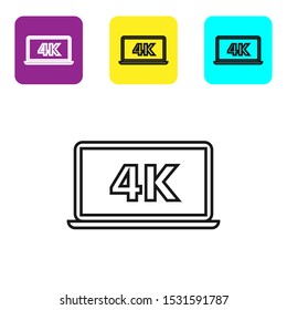 Black line Laptop screen with 4k video technology icon isolated on white background. Set icons colorful square buttons. Vector Illustration