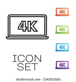 Black line Laptop screen with 4k video technology icon isolated on white background. Set icons colorful. Vector Illustration