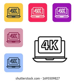 Black line Laptop screen with 4k video technology icon isolated on white background. Set icons in color square buttons. Vector Illustration