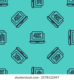 Black line Laptop screen with 4k video technology icon isolated seamless pattern on green background.  Vector Illustration