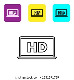 Black line Laptop screen with HD video technology icon isolated on white background. Set icons colorful square buttons. Vector Illustration