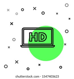 Black line Laptop screen with HD video technology icon isolated on white background.  Vector Illustration