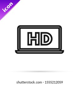 Black line Laptop screen with HD video technology icon isolated on white background.  Vector Illustration