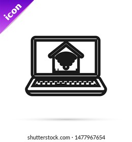 Black line Laptop with smart home with wi-fi icon isolated on white background. Remote control.  Vector Illustration