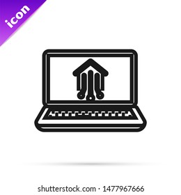 Black line Laptop with smart home icon isolated on white background. Remote control.  Vector Illustration