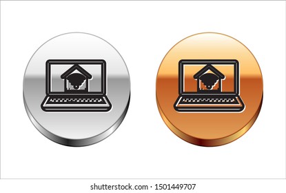 Black line Laptop with smart home with wi-fi icon isolated on white background. Remote control. Silver-gold circle button. Vector Illustration