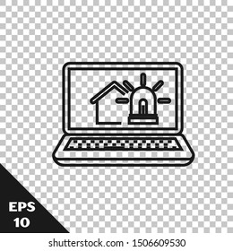 Black line Laptop with smart house and alarm icon isolated on transparent background. Security system of smart home.  Vector Illustration