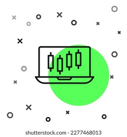 Black line Laptop with stocks market growth graphs and money icon isolated on white background. Monitor with stock charts arrow on screen.  Vector