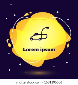 Black line Lawn mower icon isolated on blue background. Lawn mower cutting grass. Abstract banner with liquid shapes. Vector Illustration