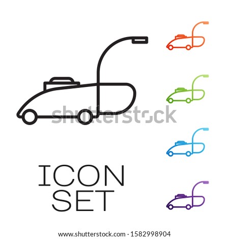 Black line Lawn mower icon isolated on white background. Lawn mower cutting grass. Set icons colorful. Vector Illustration