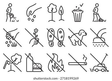 Conjunto de iconos de Vector de césped de línea negra. Señales clásicas para parques, jardines y granjas y pictogramas prohibitivos. Símbolos de trazo editables monocromáticos lineales prohibitivos