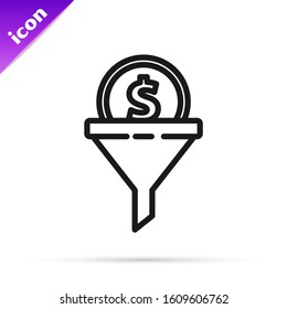 Black line Lead management icon isolated on white background. Funnel with money. Target client business concept.  Vector Illustration