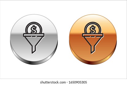 Black line Lead management icon isolated on white background. Funnel with money. Target client business concept. Silver-gold circle button. Vector Illustration