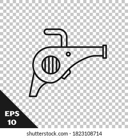 Icono del soplador del jardín de la hoja de la línea negra aislado en fondo transparente.  Ilustración vectorial