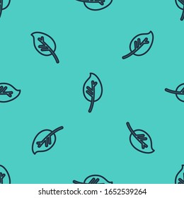Black line Leaf icon isolated seamless pattern on green background. Leaves sign. Fresh natural product symbol.  Vector Illustration