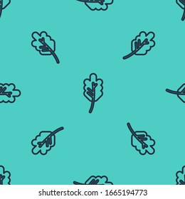 Black line Leaf icon isolated seamless pattern on green background. Leaves sign. Fresh natural product symbol.  Vector Illustration