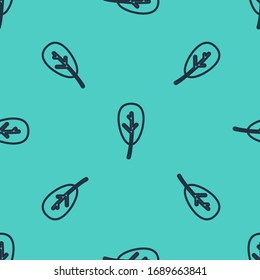 Black line Leaf icon isolated seamless pattern on green background. Leaves sign. Fresh natural product symbol.  Vector Illustration