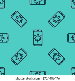 Black line Leaf on mobile phone screen icon isolated seamless pattern on green background.  Vector Illustration