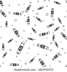 Black line Leather belt with buttoned steel buckle icon isolated seamless pattern on white background.  Vector Illustration