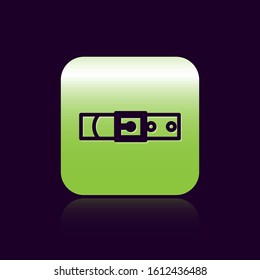 Black line Leather belt with buttoned steel buckle icon isolated on black background. Green square button. Vector Illustration
