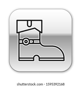 Black line Leather pirate boots icon isolated on white background. Silver square button. Vector Illustration