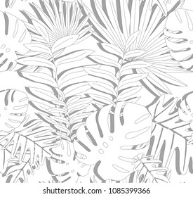 Black line leaves pattern with grey shadow. Tropical and exotic composition. Vector illustration.