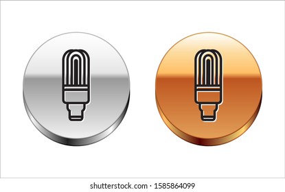 Black line LED light bulb icon isolated on white background. Economical LED illuminated lightbulb. Save energy lamp. Silver-gold circle button. Vector Illustration