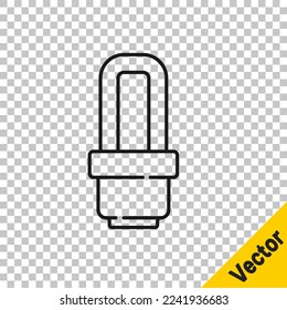Icono de bombilla LED de línea negra aislado en fondo transparente. Bombilla de iluminación LED económica. Ahorra la lámpara de energía.  Vector
