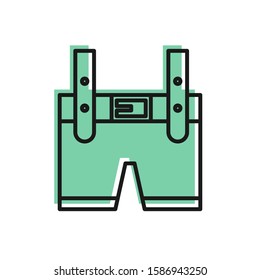 Black line Lederhosen icon isolated on white background. Traditional bavarian clothing. Oktoberfest outfit. Pants with suspenders. Patrick day.  Vector Illustration